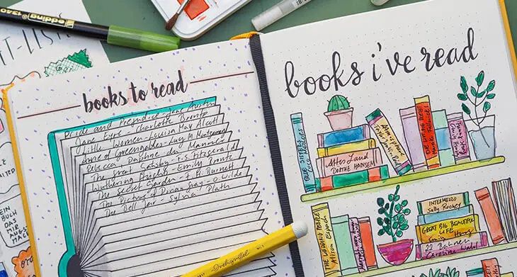 Aufgeschlagenes Bullet Journal von LEUCHTTURM1917 mit Bücher-Collection. Foto: Johanna Rundel