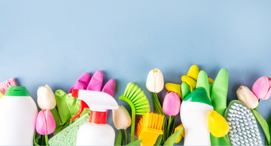 Blumen und Putzutensilien vor blauem Hintergrund.