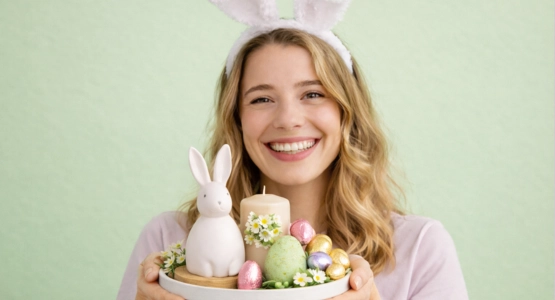 Eine Frau hält einen Teller mit Osterdeko hoch.