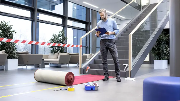 Ein Mann steht mit einem Klemmbrett in der Hand auf einem Treppenabsatz neben einem aufgerollten roten Teppich in einem modernen, hellen Interieur. In seiner Nähe liegen auf dem Boden verschiedene tesa Klebebänder und Zubehörteile verstreut.