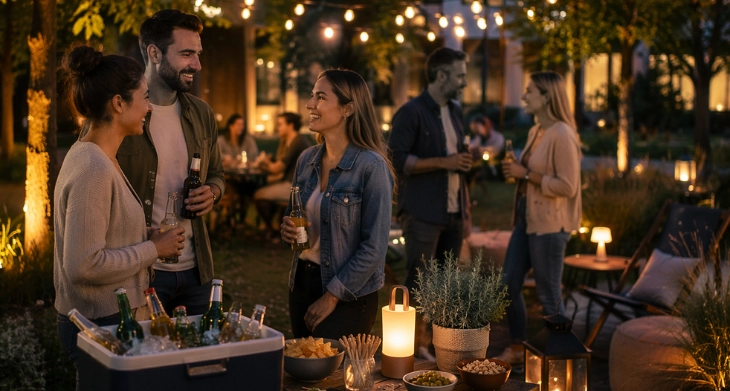 Kollegen bei After Work Event draußen mit Getränken und gemütlicher Abendbeleuchtung.