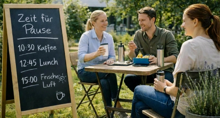Kollegen machen Pause im Freien mit Kaffee und Lunchbox.