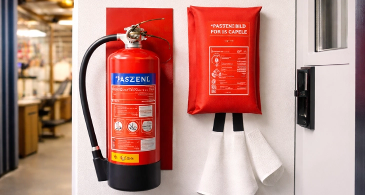 Feuerlöscher und Löschdecke an Wand montiert.