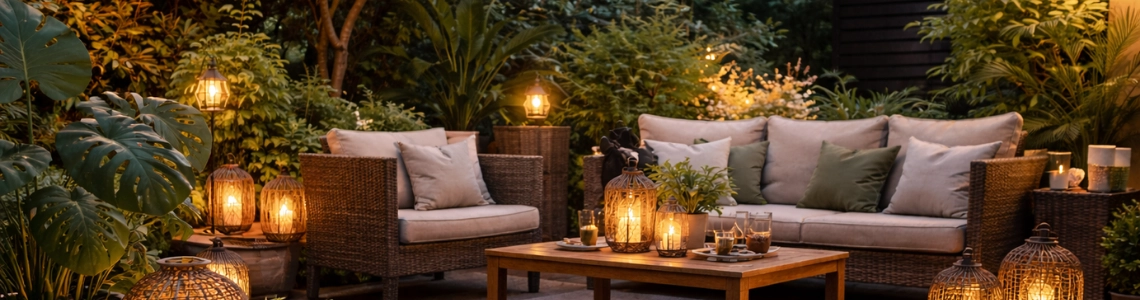 Gemütliche Outdoor-Lounge mit Gartenmöbeln und stimmungsvoller Beleuchtung.