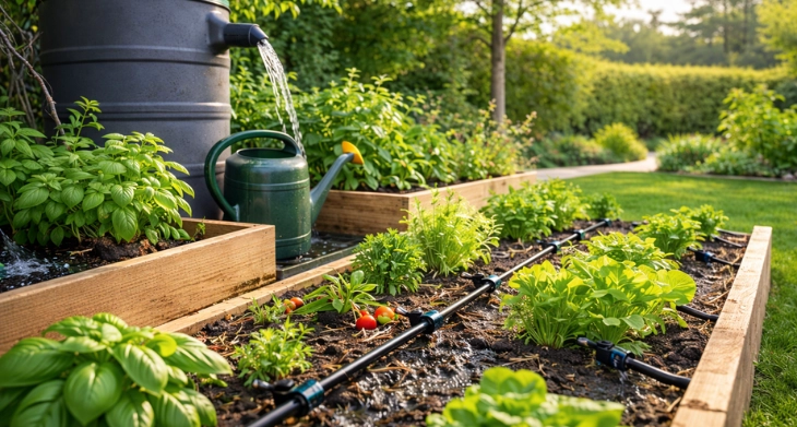 Nachhaltige Gartenbewässerung mit Regentonne und Tropfbewässerungssystem. 