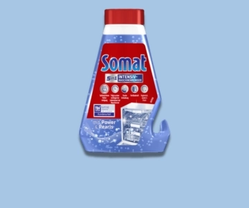 Spülmaschinenreiniger vor blauem Hintergrund.