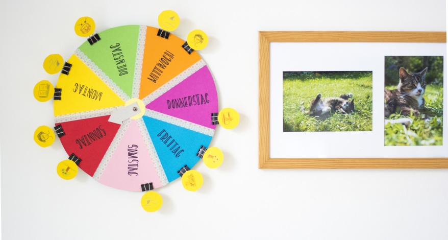 An einer Wand hängt ein runder selbstgebastelter Wochzenplan. Der Kreis ist in 7 gleichgroße Kuchenstück aufgeteilt. Jedes Stück ist mit einer anderen Farbe hinterlegt und trägt einen Wochentag. An den einzelnen Tagen sind mit Foldback-Klammern grafische Elmenete für Aufgaben und Personen angebracht. Neben dem Wochenplan hängt ein Bilderrahmen mit 2 Fotos einer Katze.