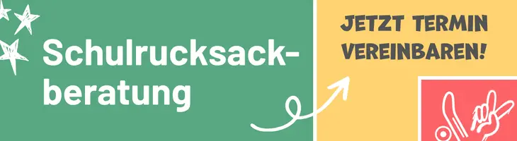 Grafik zum Thema Schulrucksack mit dem Text "Schulrucksackberatung – Termin vereinbaren"