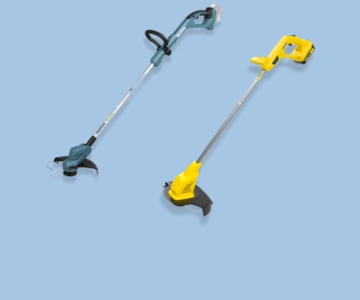 Rasentrimmer vor blauem Hintergrund.