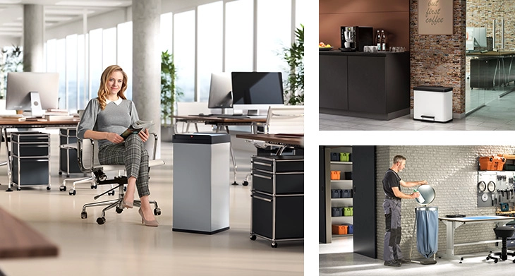 Hailo Mülleimer und Abfallsysteme in moderner Küche und Büro im Einsatz