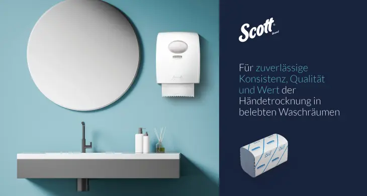 Das Bild zeigt ein modernes, sauberes Badezimmer mit einem weißen Waschbecken und Spiegel. Der Text wirbt für die Verwendung einzelner Scott-Handtücher, um die Hygiene am Arbeitsplatz zu fördern und weist auf den günstigen Preis hin.