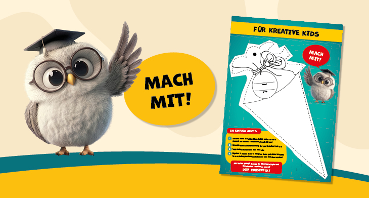 Teaserbild zur Schültüten Mal-Aktion mit Abbildung des Malbogens und "Mach mit" Störer.