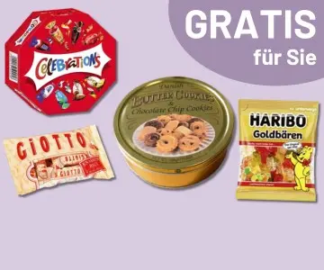 Abbildung mehrerer Süßigkeiten und Text "Gratis für Sie"