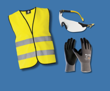 Arbeitsschutz Zubehör auf blauem Hintergrund