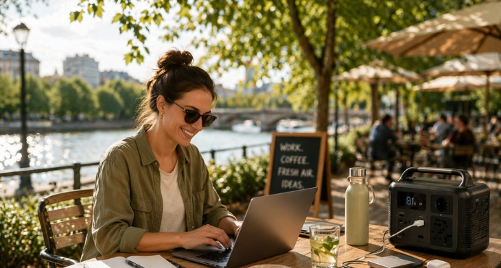 Frau arbeitet mobil mit Laptop im Freien an Tisch im Café.