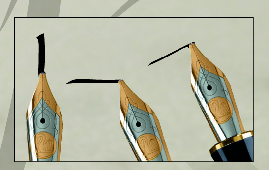 Drei Federn der Marke Pelikan machen horiznotale, vertikalen und schräge Striche.