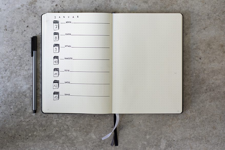 Aufgeschlagenes Notizbuch. Auf der linken Seite ist ein Weekly Log eingetragen, die rechte Seite ist nooch leer.