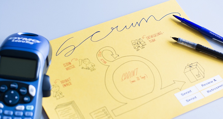 Gelbes Blatt mit handgezeichnetem Scrum-Prozess, beschriftet mit Markern, daneben DYMO LetraTag Etikettendrucker.