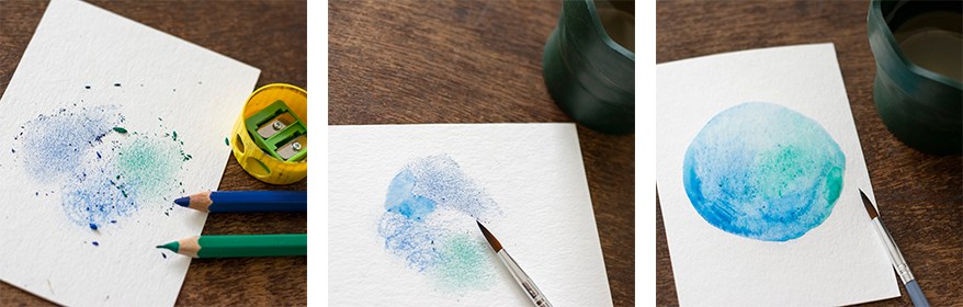 Collage mit Schritt für Schritt Anleitung blaue und güne Punkte mit Aquarellfarbe