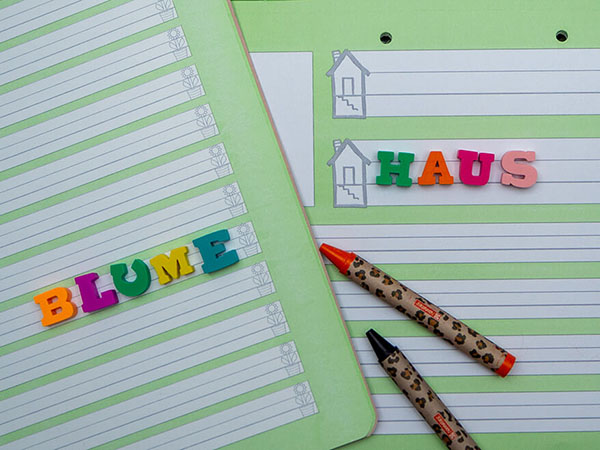 Zwei aufgeschlagen Schreibhefte von Brunnen für die Grundschule mit Kontrastlineatur und Schreiblernhaus und Schreibblume. Auf dem linken Heft liegt mit Radiergummibuchstaben das Wort "Blume", auf dem rechten das Wort "Haus". Foto: Johanna Rundel