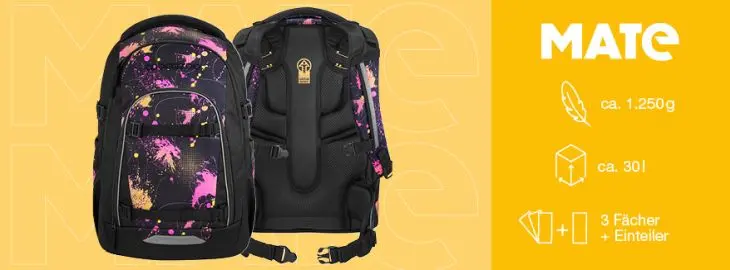 Der Schulrucksack coocazoo MATE ist von vorne und von hinten abgebildet, daneben die Angaben 1.250 gr, 30 l und 4 Fächer.