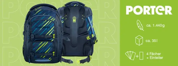 Der Schulrucksack coocazoo PORTER ist von vorne und von hinten abgebildet, daneben die Angaben 1.350 gr, 30 l + 5 l und 5 Fächer.