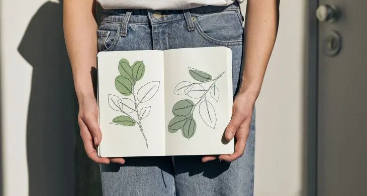 Jemand hält ein aufgeklapptes Notizbuch von Moleskine, in das florale Illustrationen gemalt sind. 