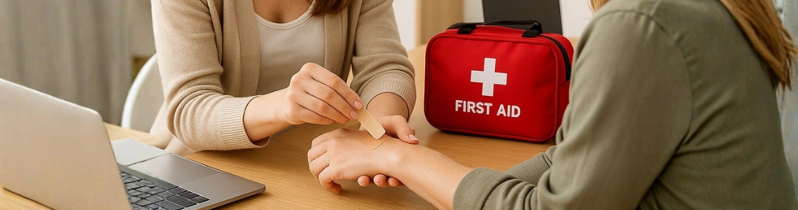 Kollegin klebt Pflaster im Büro – Erste Hilfe im Alltag.