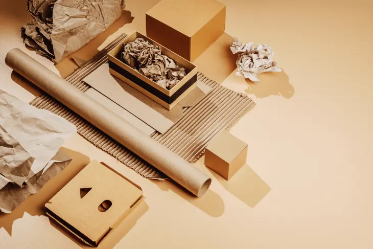 Die Abbildung zeigt Versandkartons und Polstermaterial aus Altpapier sowie eine Packpapierrolle.