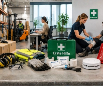 Mitarbeitende in verschiedenen Arbeitsbereichen mit persönlicher Schutzausrüstung und Sicherheitsausstattung im Unternehmen.
