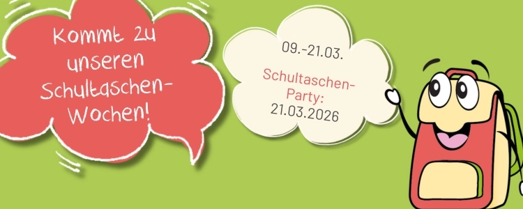 Banner mit Bewerbung der Schultaschen-Wochen bei Tinkhauser