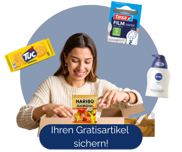 Das Wort "Gratisartikel" mit einem Geschenk Icon.