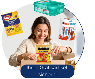 Das Wort "Gratisartikel" mit einem Geschenk Icon.