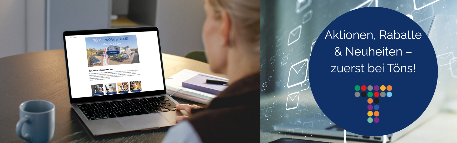 Newsletteransicht und Text auf blauem Hintergrund