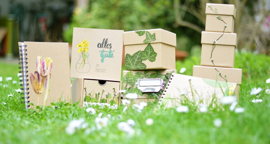 Aus Naturpapier produzierte und gestaltete Boxen stehen im Gras.
