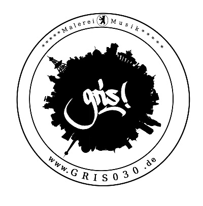 Logo mit Stadtsilhouette und Schriftzug „gris!“ in Schwarz-Weiß