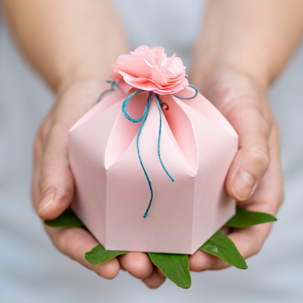 Zwei Hände halten eine selbstgebastelte roas Geschenkverpackung in Form einer Blume in die Kamera.
