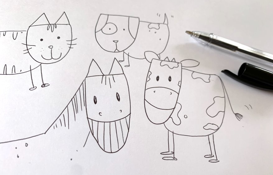 Tierfiguren Hund, Katze, Pferd und Kuh als Sketchnotes