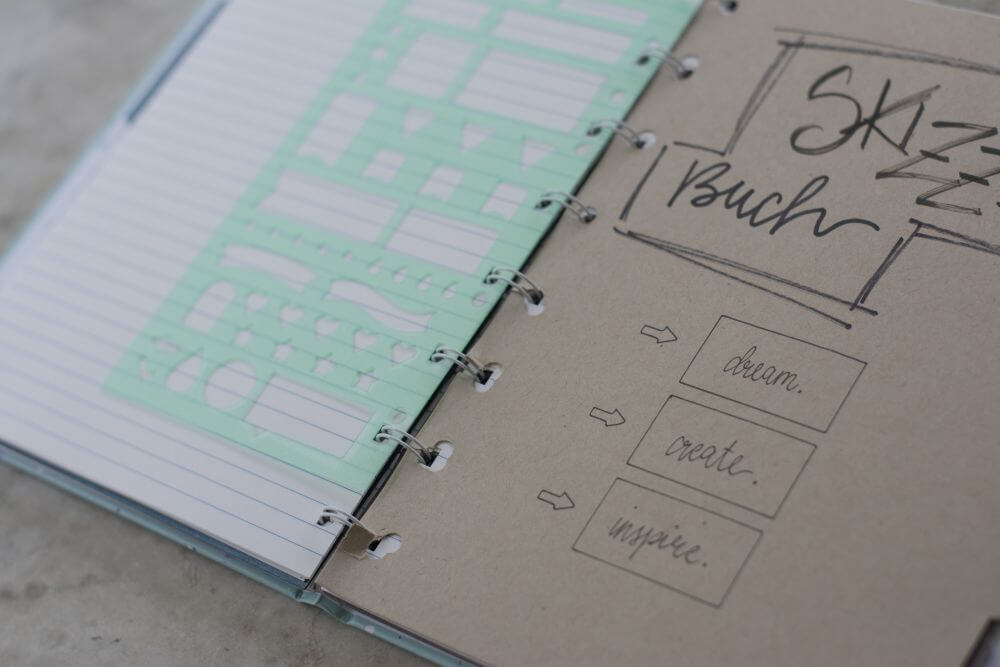 Ein Notizbuch von Filofax liegt aufgeklappt auf einem Schreibtisch, zu sehen ist ein selbstgemachter Divider, auf dem "Skizzenbuch - dream - create - inspire" steht. Daneben ist ein Schablonenbogen eingeheftet.