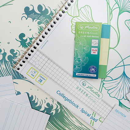 Unterschiedliche Produkte der GREENline von Herlitz liegen unordentlich verteilt auf einem hellen Untergrund. Ein karierter Collegeblock mit gezeichneten Ginko-Blättern, ein Ringbuch mit gezeichneten Wellen, ein Heftchen mit Haft-Memos und ein paar Karteikarten sind zu sehen. Foto: Johanna Rundel 