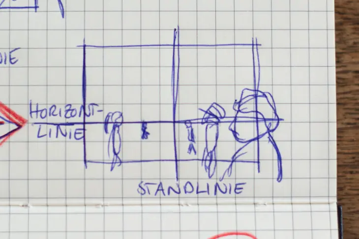 Nahaufnahme einer Skizze zum perspektiven Zeichnen mit Horizontlinie und Standortlinie.