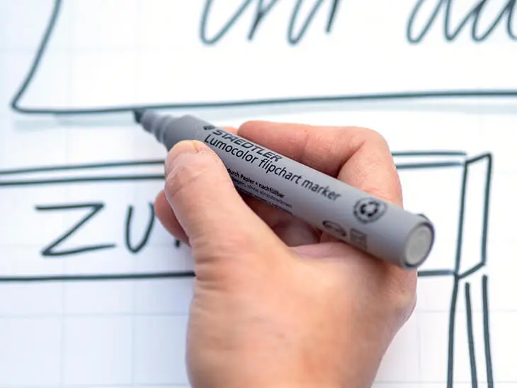 Jemand schattiert eine Flipchart-Zeichnung mit einem grauen Lumocolor-Marker von STAEDTLER. Foto: Johanna Rundel