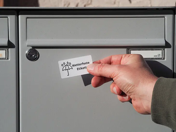 Jemand klebt ein Folienetikett von Avery Zweckform auf einen Briefkasten. Foto: Johanna Rundel