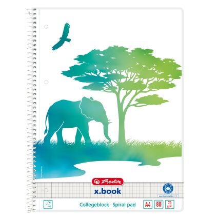 Produktbild eines Collegeblocks der Serie Greenline von Herlitz. Der Kollegblock mit einem illustriertem Elefanten und Baum auf dem Deckblatt schwebt vor einem weißen Hintergrund.