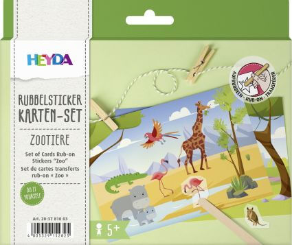 Produktbild eines Rubbelsticker-Kartensets der Marke Heyda. Zu sehen ist die Verpackung des Kartensets "Zootiere".
