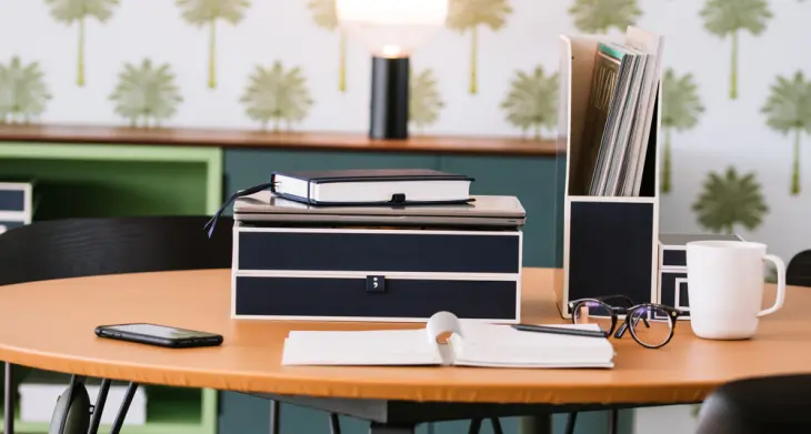 Auf einem Schreibtisch stehen Aufbewahrungstools von Semikolon.