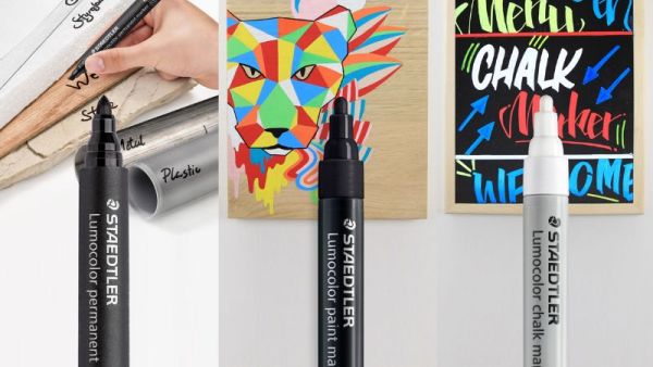 Drei Präsentations- und Moderationsstifte von Staedtler vor unterschiedlichen Hintergründen