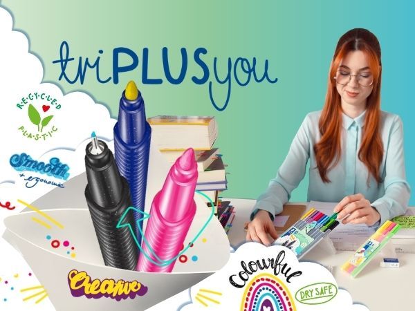 Eine Frau zieht Buntstifte aus einer Verpackung, im Vordergrund Abbildung von 3 unterschiedlichen triplus Stiften von Staedtler.