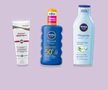 Sonnenpflege vor lila Hintergrund.