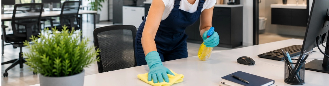 Mitarbeiterin reinigt Arbeitsplatz in modernem Büro